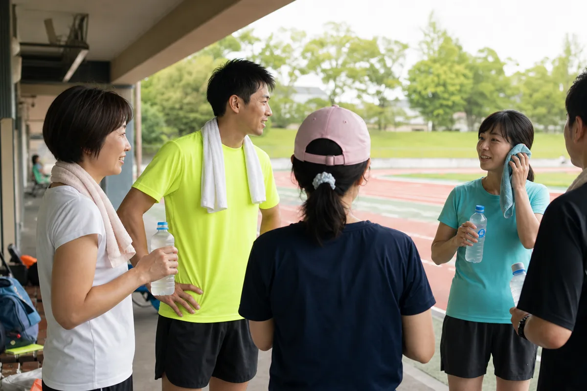 屋根のある場所で水分補給しながら会話する30代から40代のランニンググループ