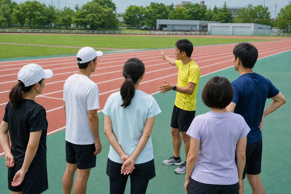 29歳の黄色いウェアのコーチが30代から40代の参加者へ練習内容を説明する様子
