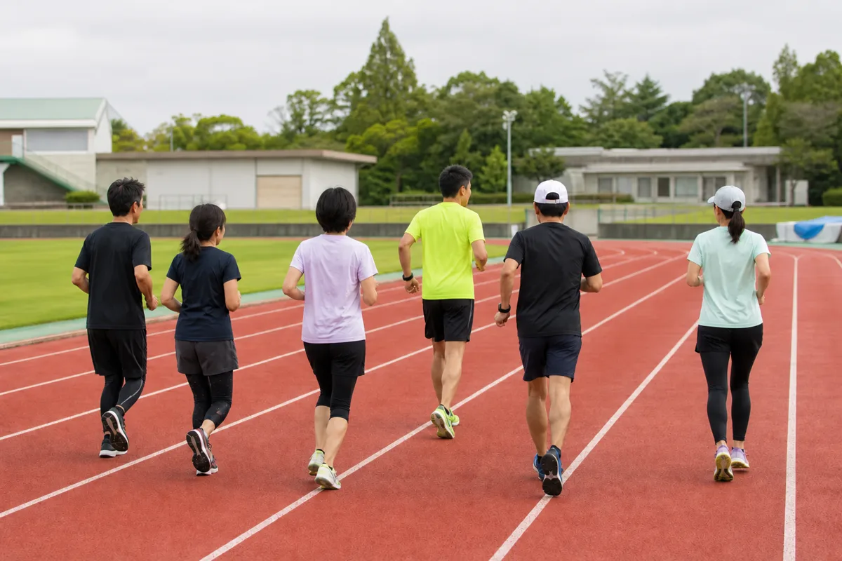 市営陸上競技場のトラックをゆっくり走る30代から40代のランニンググループの後ろ姿