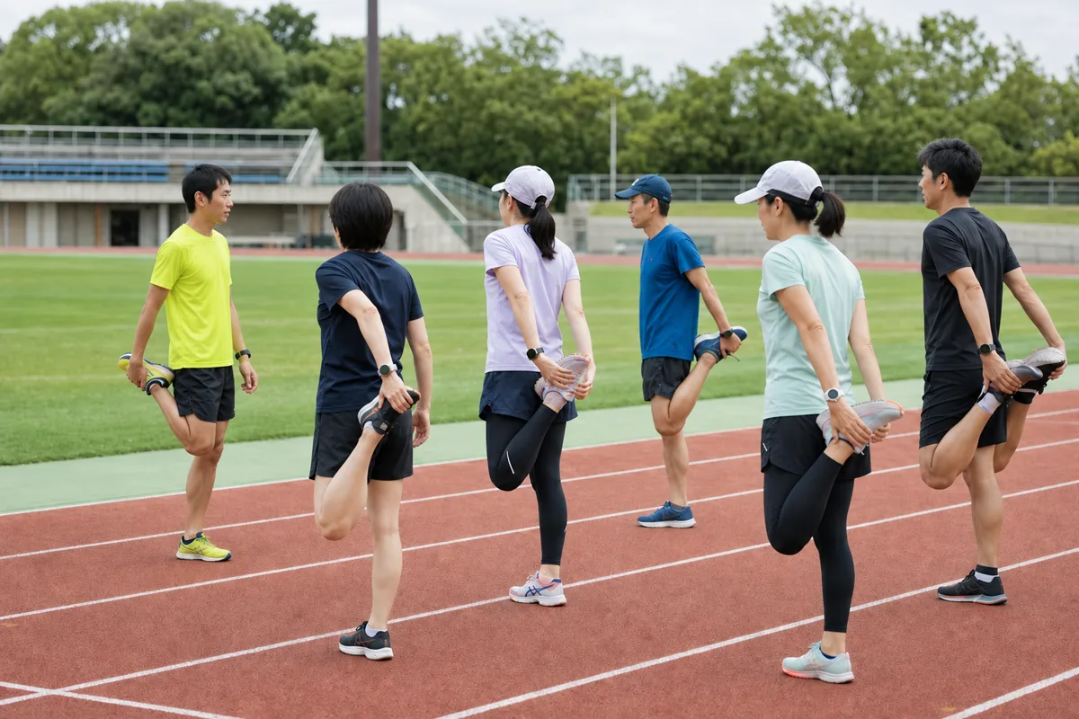 29歳の黄色いウェアのコーチと30代から40代の参加者がトラックで準備運動をする様子